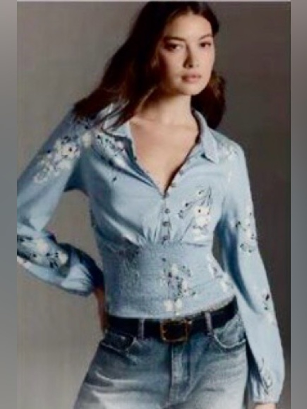 ANTHROPOLOGIE Maeve Light Blue Floral Button-Front Smocked Waist Top-pretty!